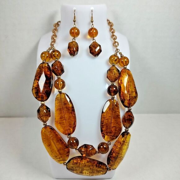 Amber Tone Necklace Earrings Set Faceted Beads Gold Chain Statement 16" - 19" - Picture 12 of 16